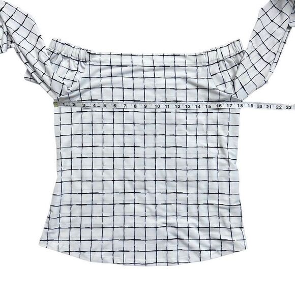 Mine Off The Shoulder White & Black Grid Pattern Long Sleeve Top Size Medium - Picture 7 of 10